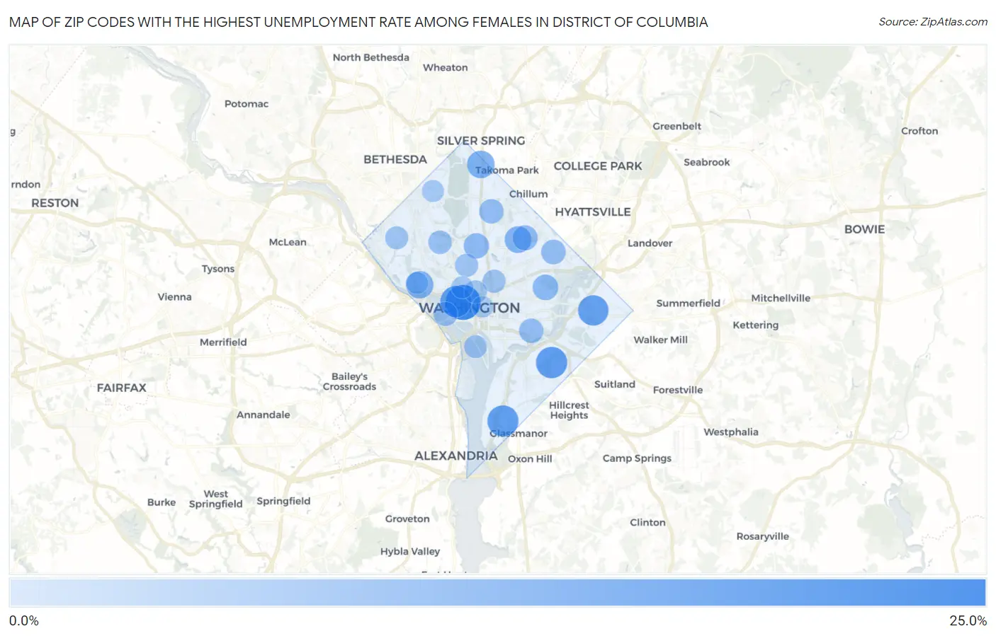 Zip Codes with the Highest Unemployment Rate Among Females in District Of Columbia Map