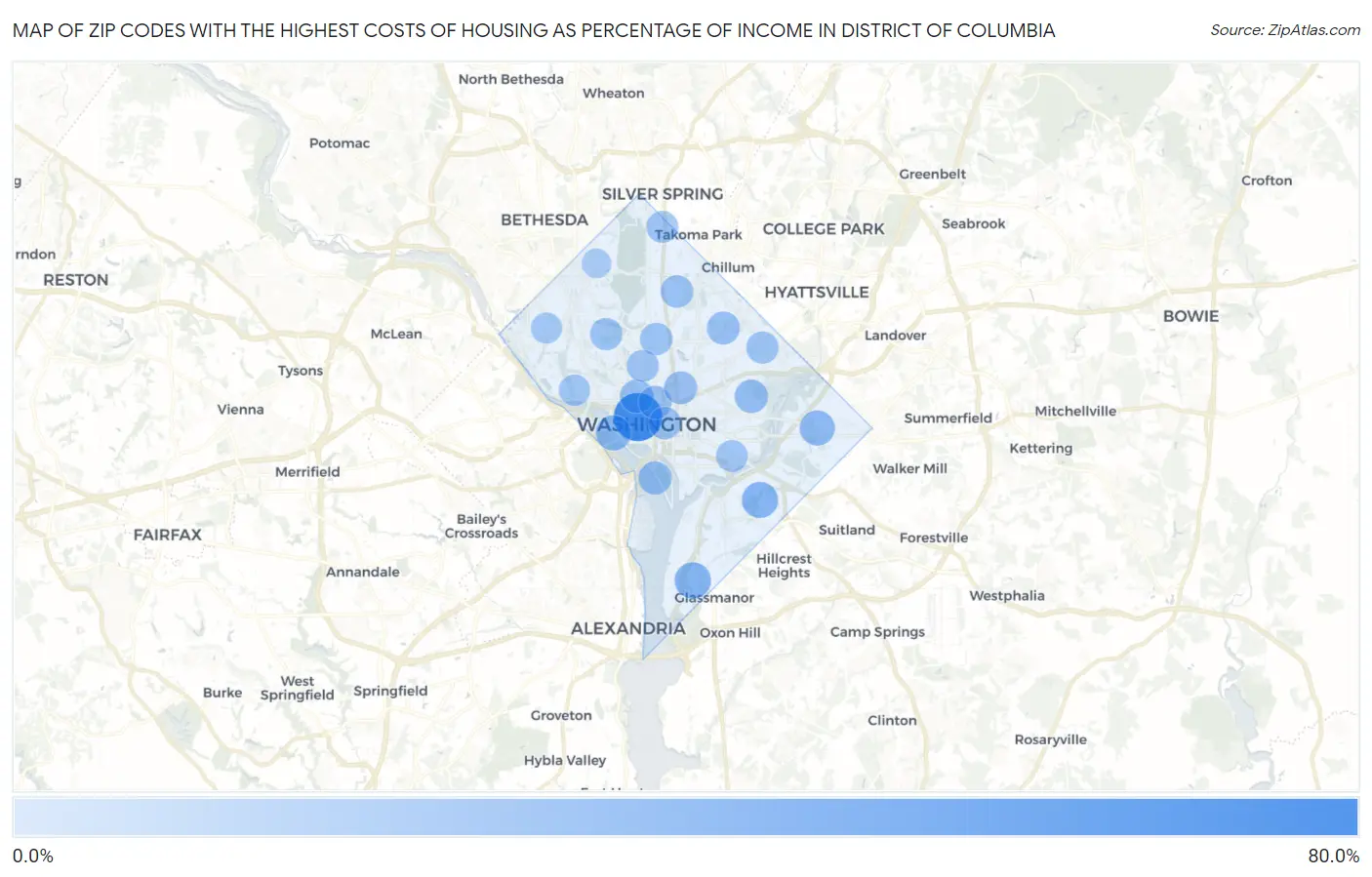 Zip Codes with the Highest Costs of Housing as Percentage of Income in District Of Columbia Map