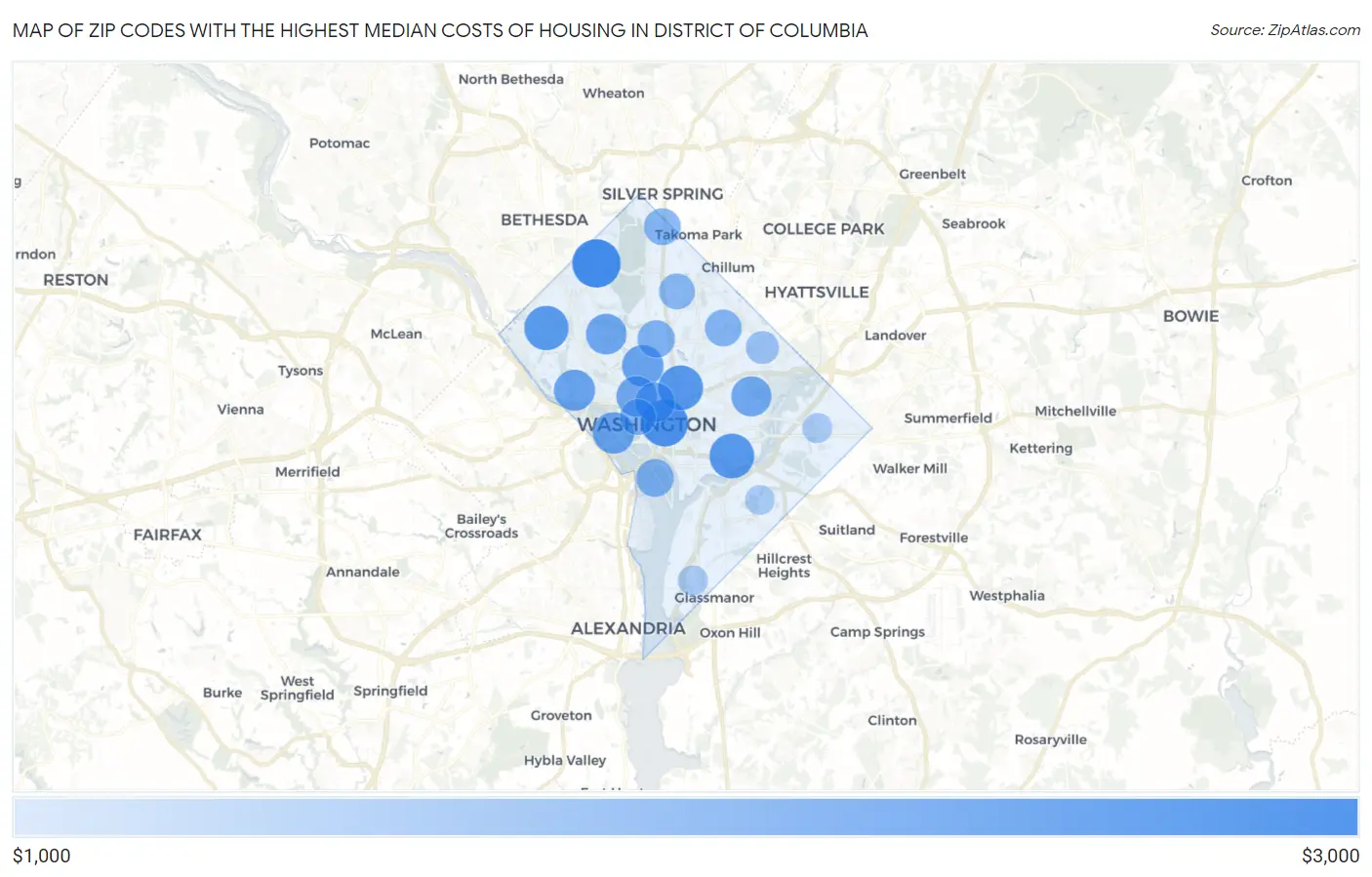 Zip Codes with the Highest Median Costs of Housing in District Of Columbia Map
