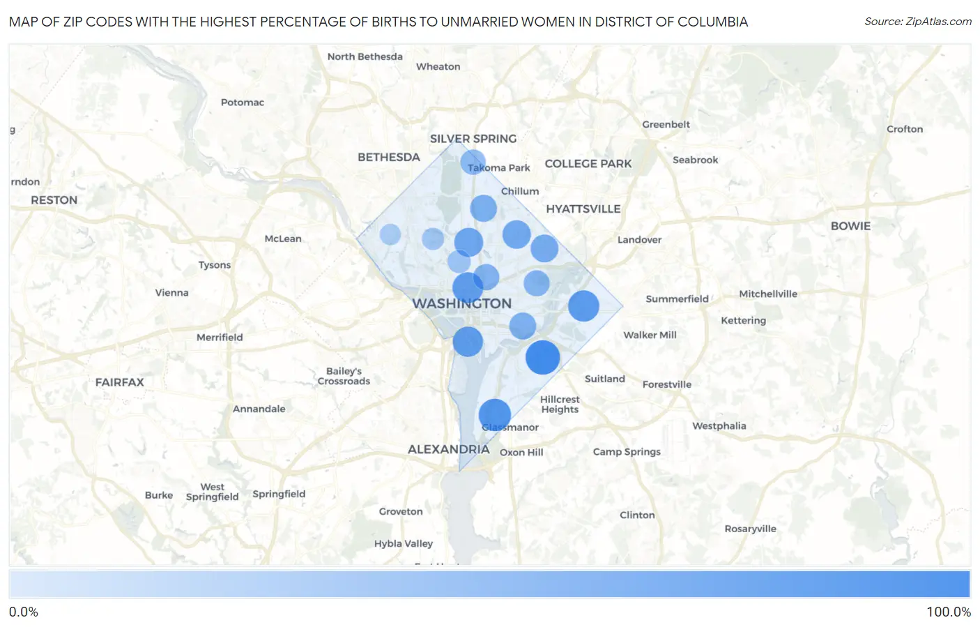 Zip Codes with the Highest Percentage of Births to Unmarried Women in District Of Columbia Map