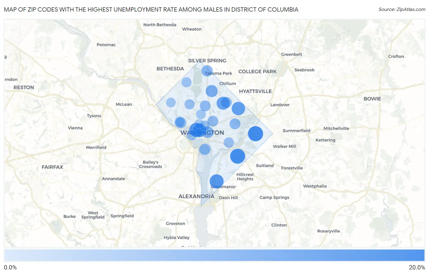Zip Codes with the Highest Unemployment Rate Among Males in District Of Columbia Map