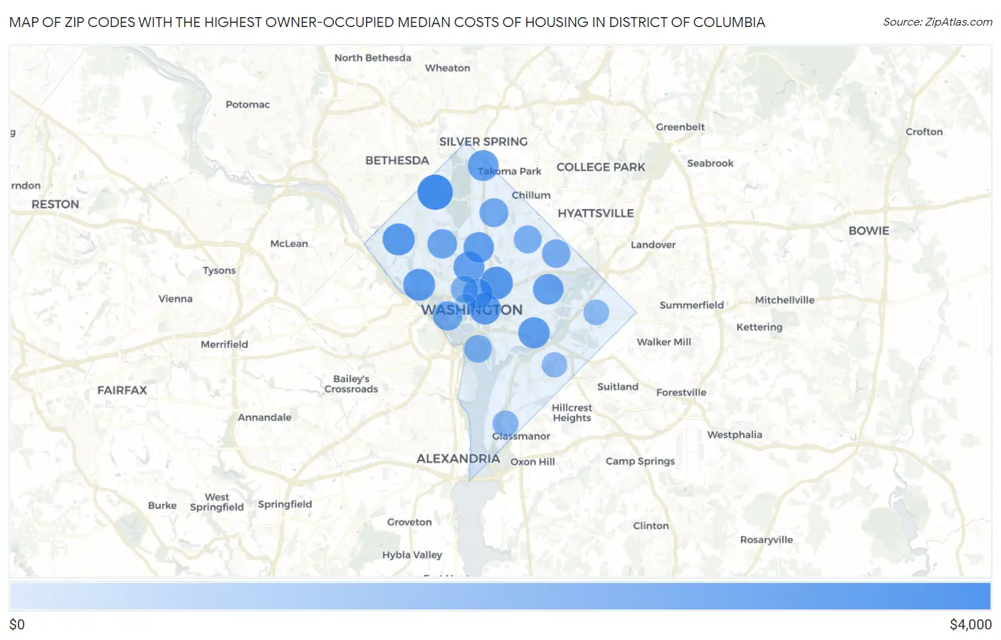 Zip Codes with the Highest Owner-Occupied Median Costs of Housing in District Of Columbia Map