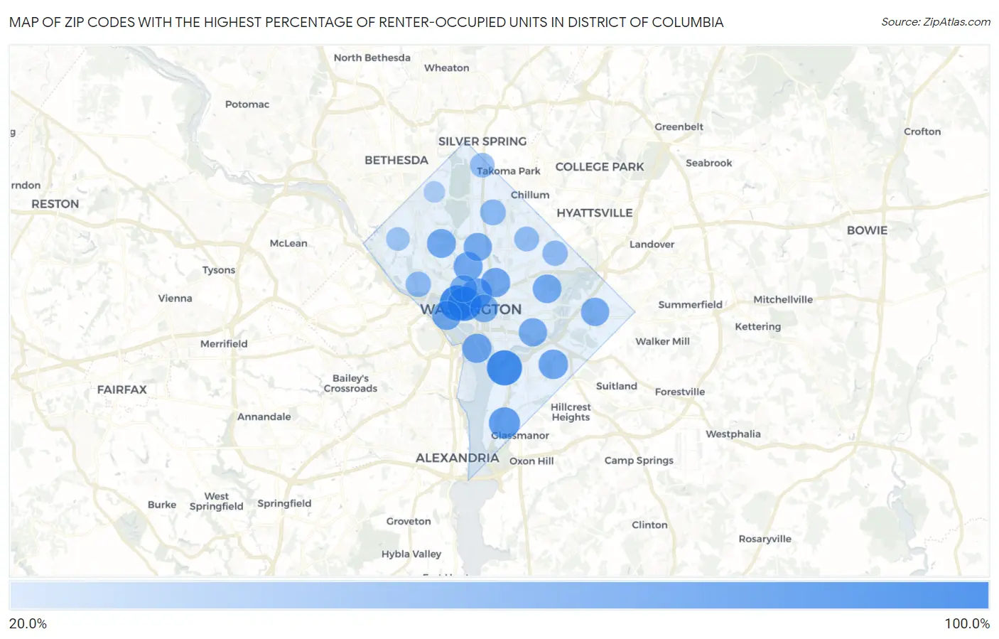 Zip Codes with the Highest Percentage of Renter-Occupied Units in District Of Columbia Map