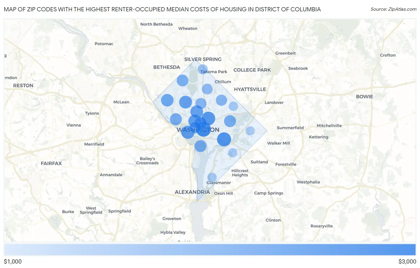 Zip Codes with the Highest Renter-Occupied Median Costs of Housing in District Of Columbia Map