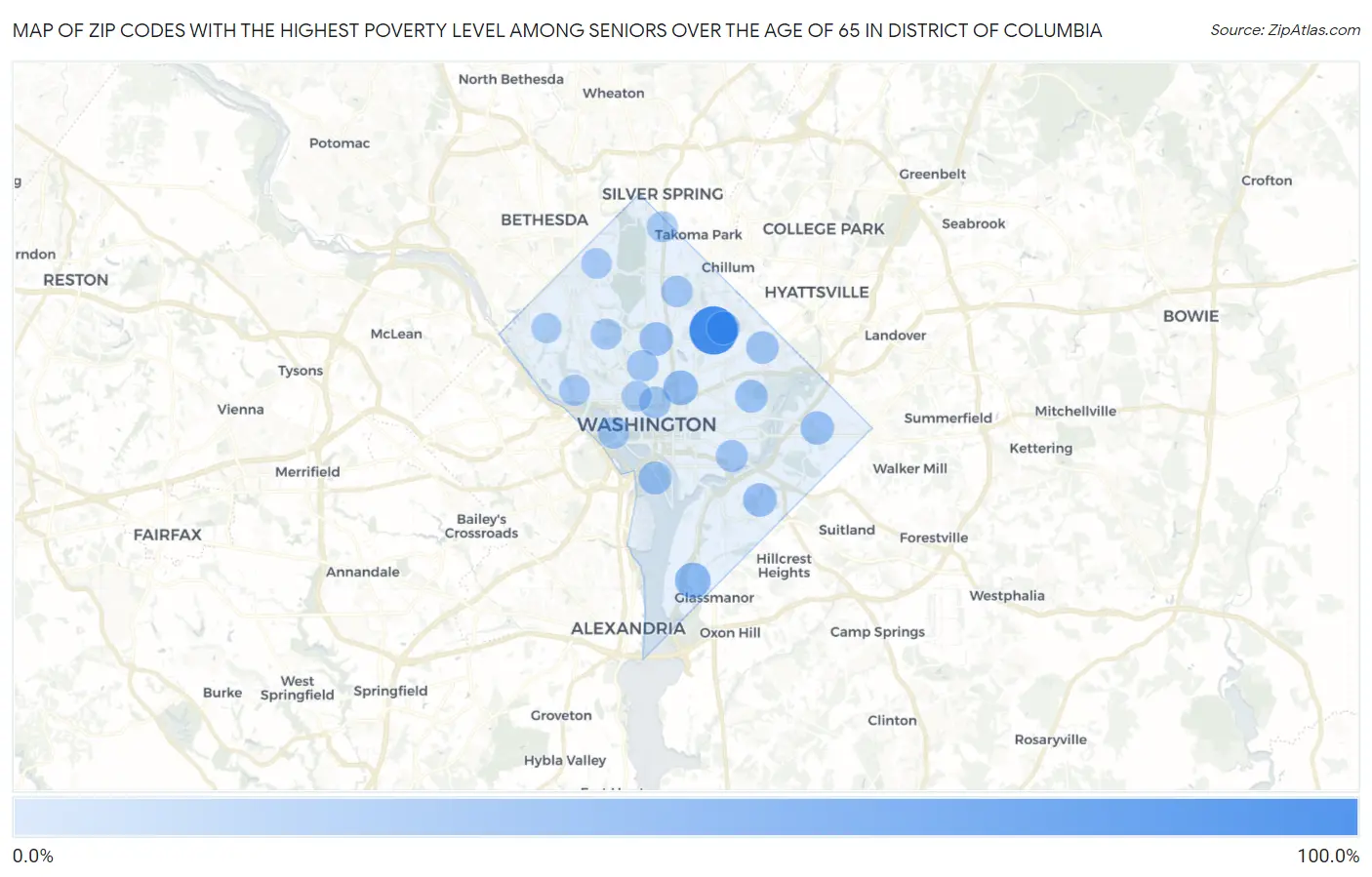 Zip Codes with the Highest Poverty Level Among Seniors Over the Age of 65 in District Of Columbia Map