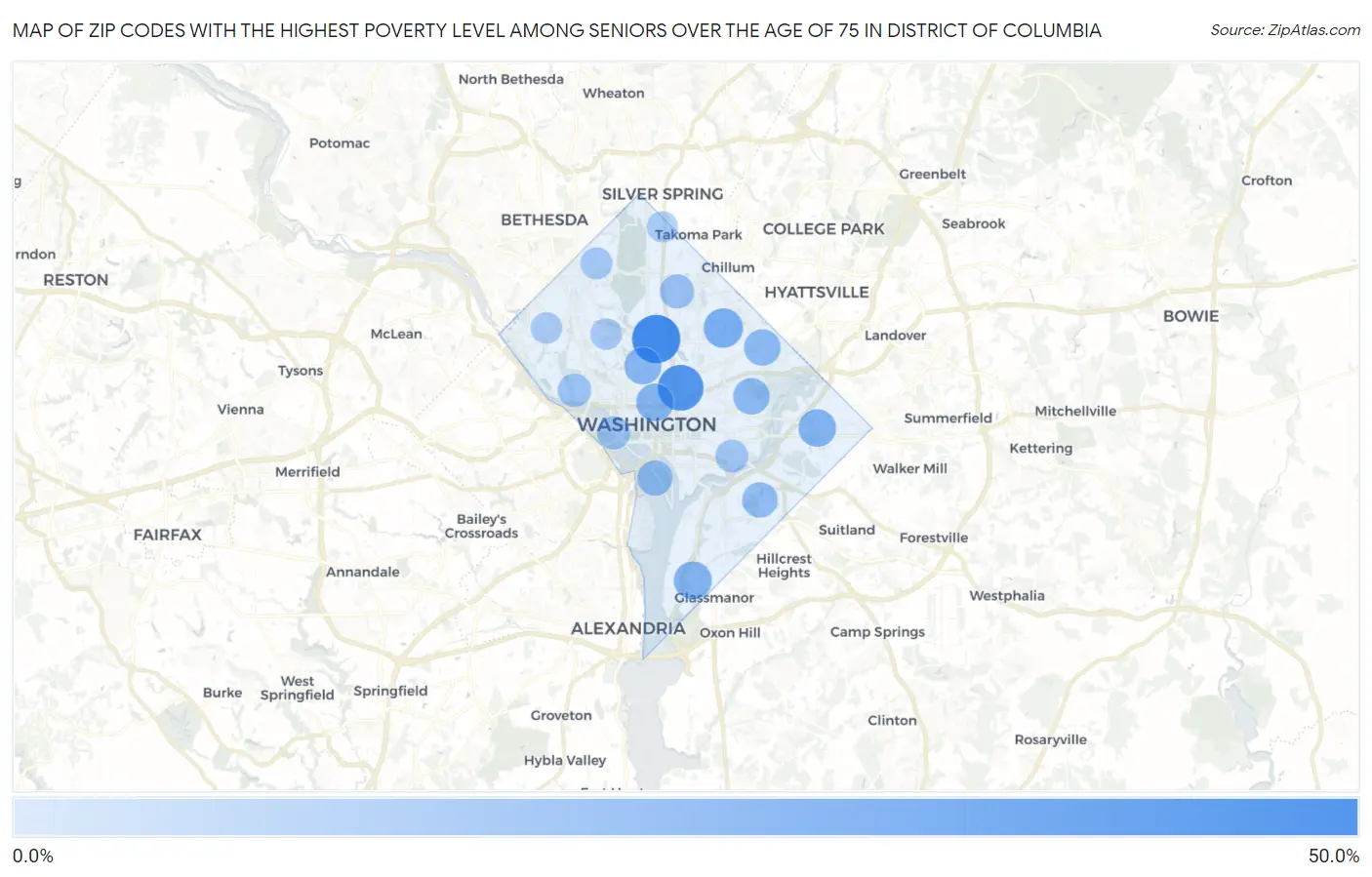 Zip Codes with the Highest Poverty Level Among Seniors Over the Age of 75 in District Of Columbia Map