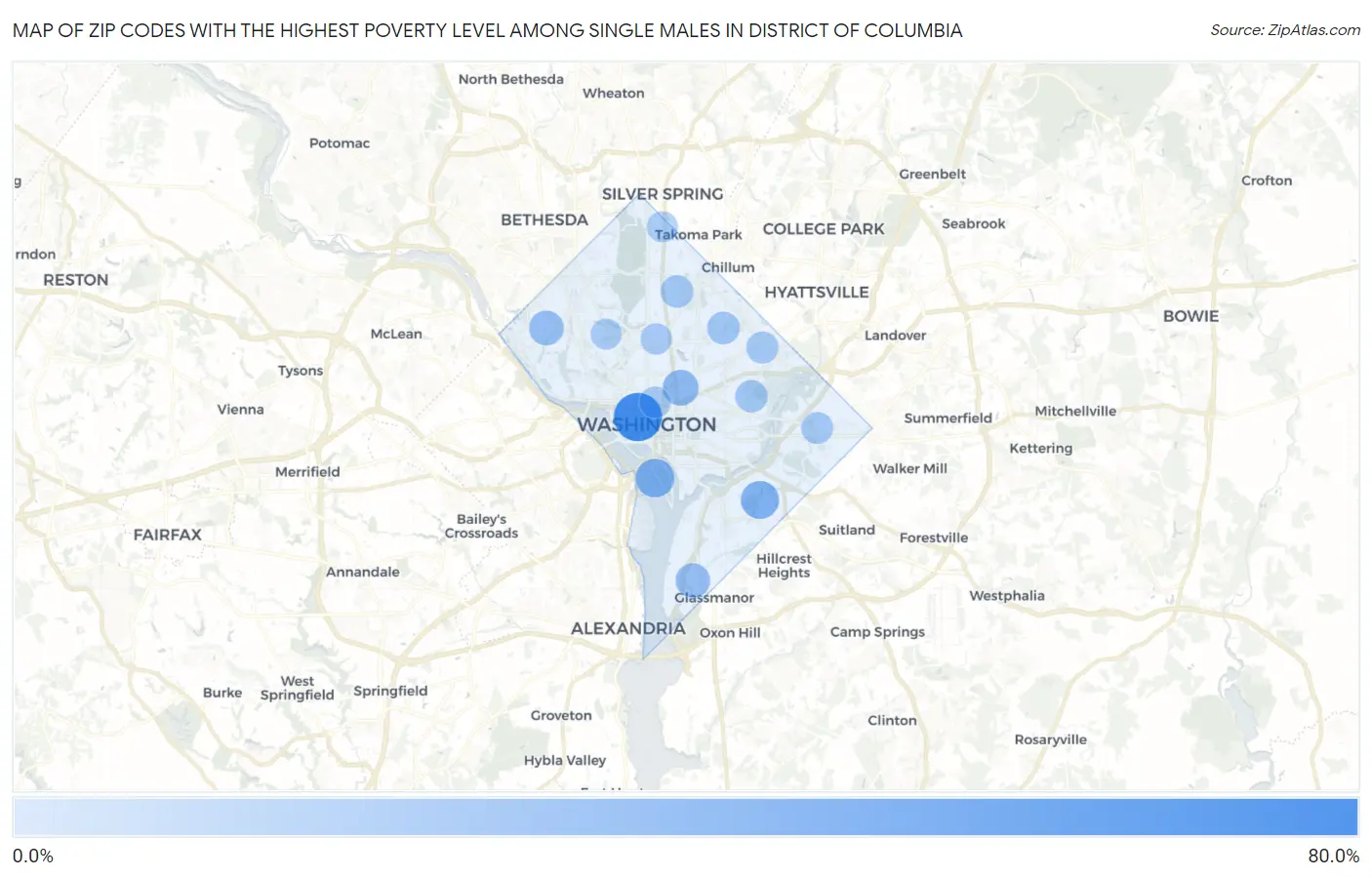 Zip Codes with the Highest Poverty Level Among Single Males in District Of Columbia Map