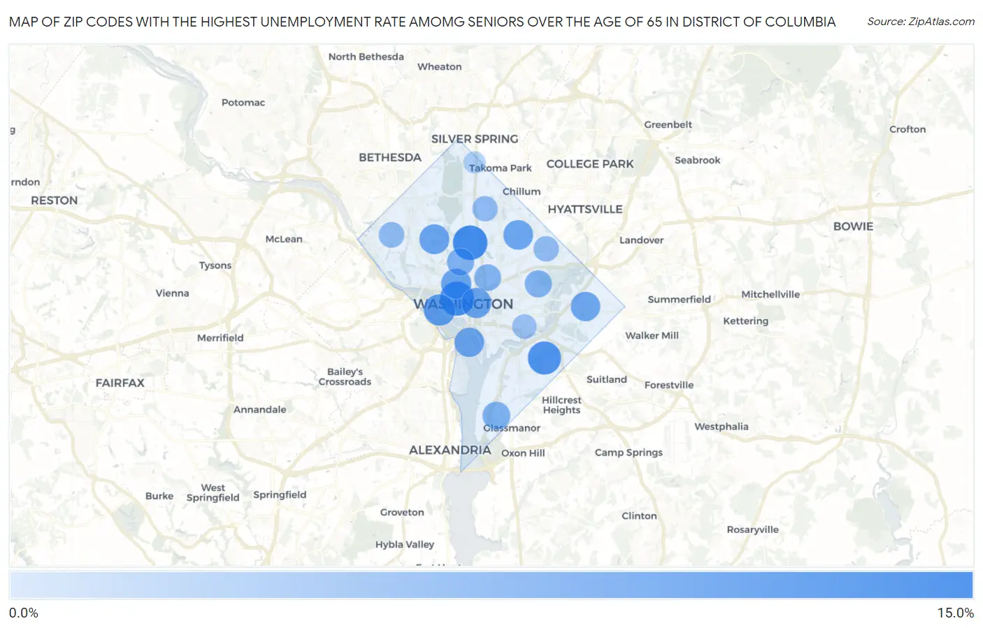Zip Codes with the Highest Unemployment Rate Amomg Seniors Over the Age of 65 in District Of Columbia Map