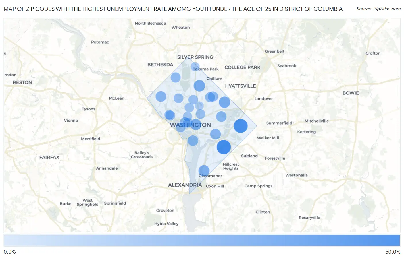 Zip Codes with the Highest Unemployment Rate Amomg Youth Under the Age of 25 in District Of Columbia Map
