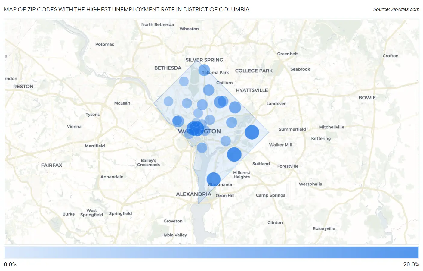 Zip Codes with the Highest Unemployment Rate in District Of Columbia Map