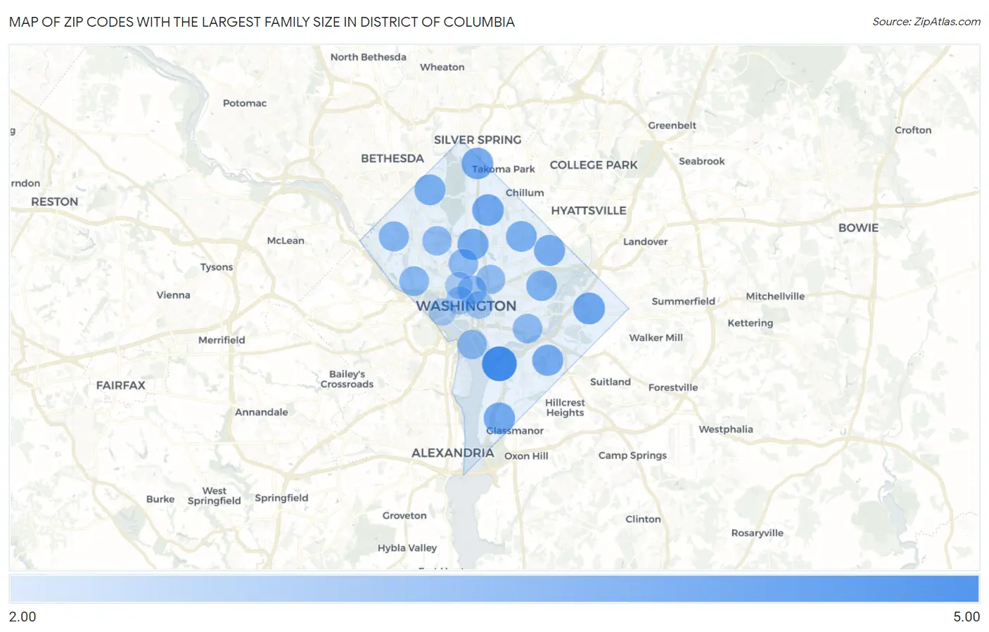 Zip Codes with the Largest Family Size in District Of Columbia Map