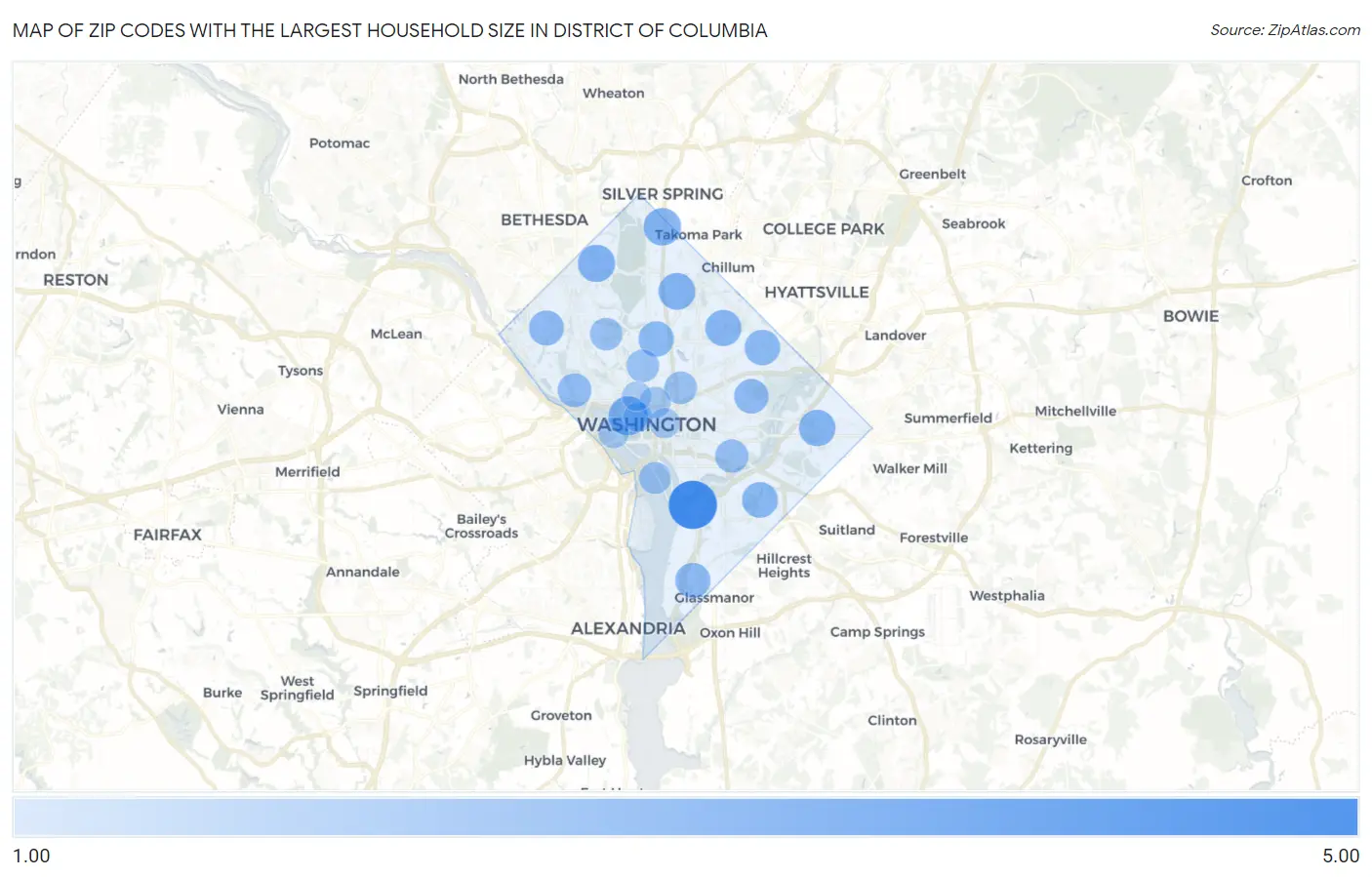 Zip Codes with the Largest Household Size in District Of Columbia Map