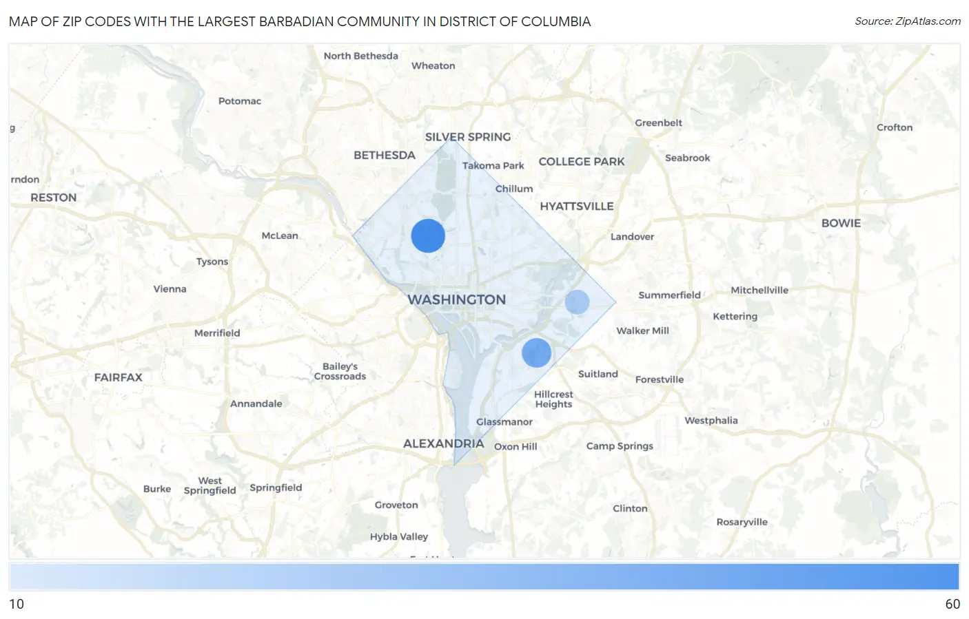 Zip Codes with the Largest Barbadian Community in District Of Columbia Map