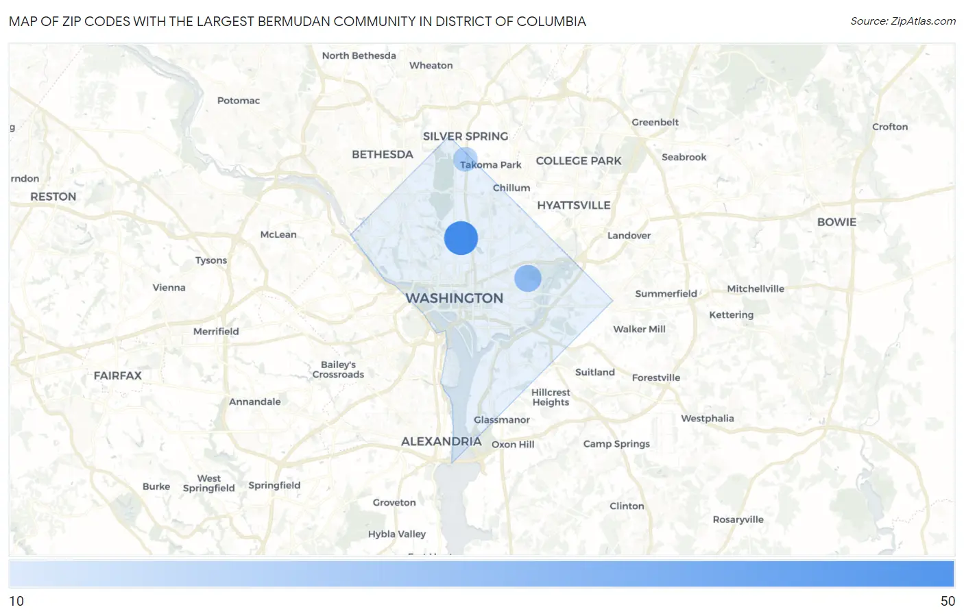 Zip Codes with the Largest Bermudan Community in District Of Columbia Map