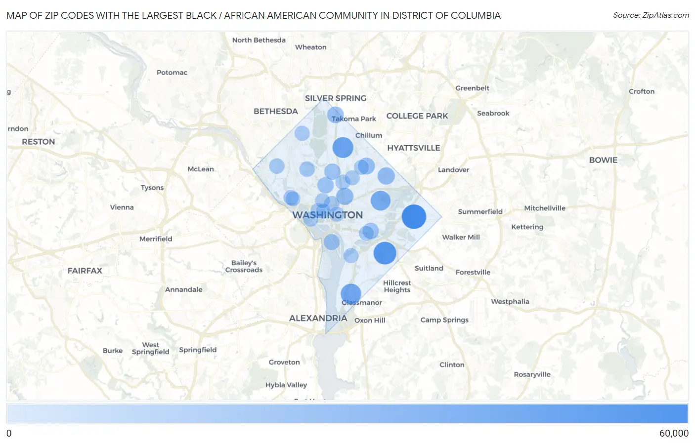 Zip Codes with the Largest Black / African American Community in District Of Columbia Map