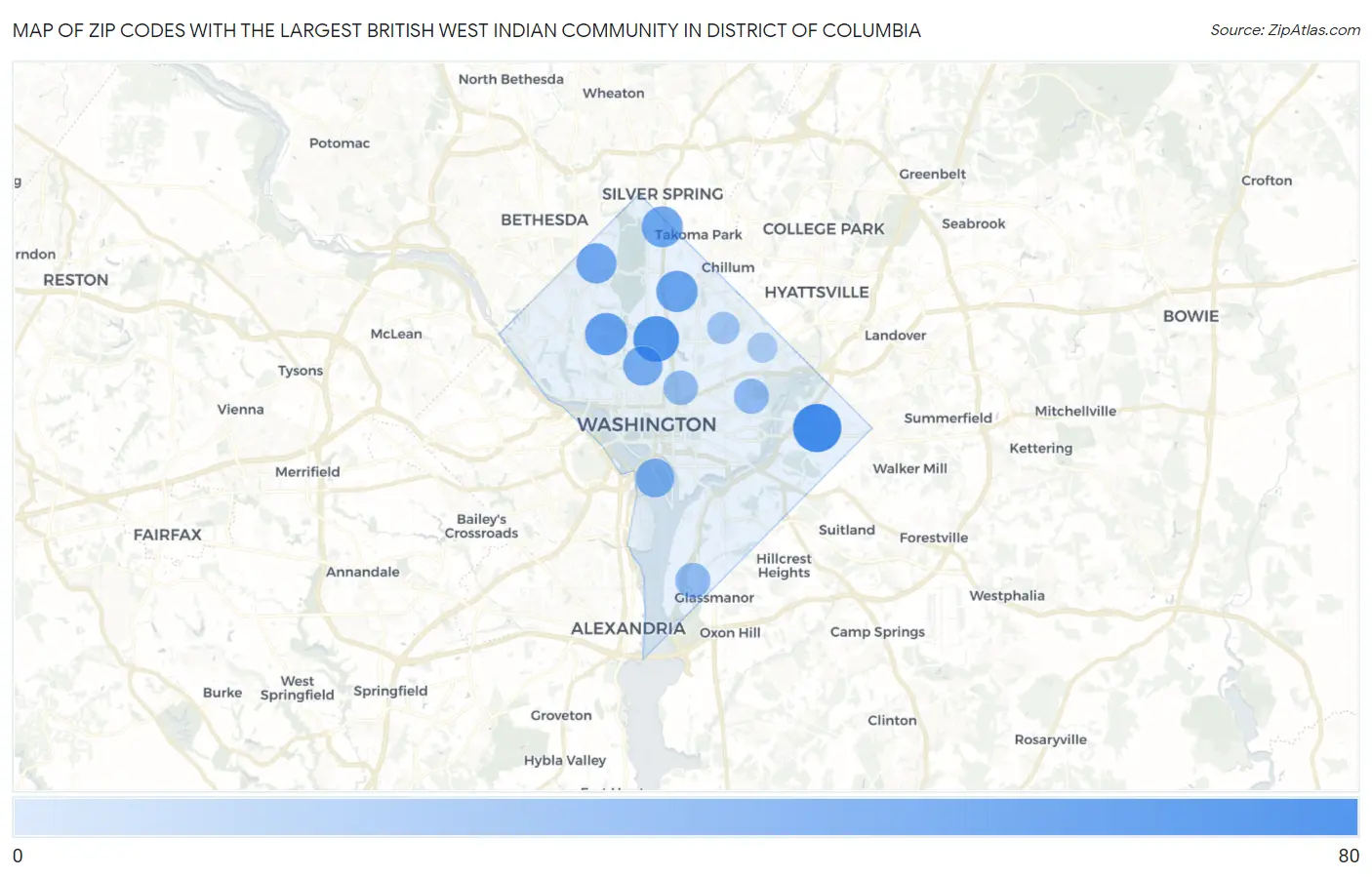 Zip Codes with the Largest British West Indian Community in District Of Columbia Map