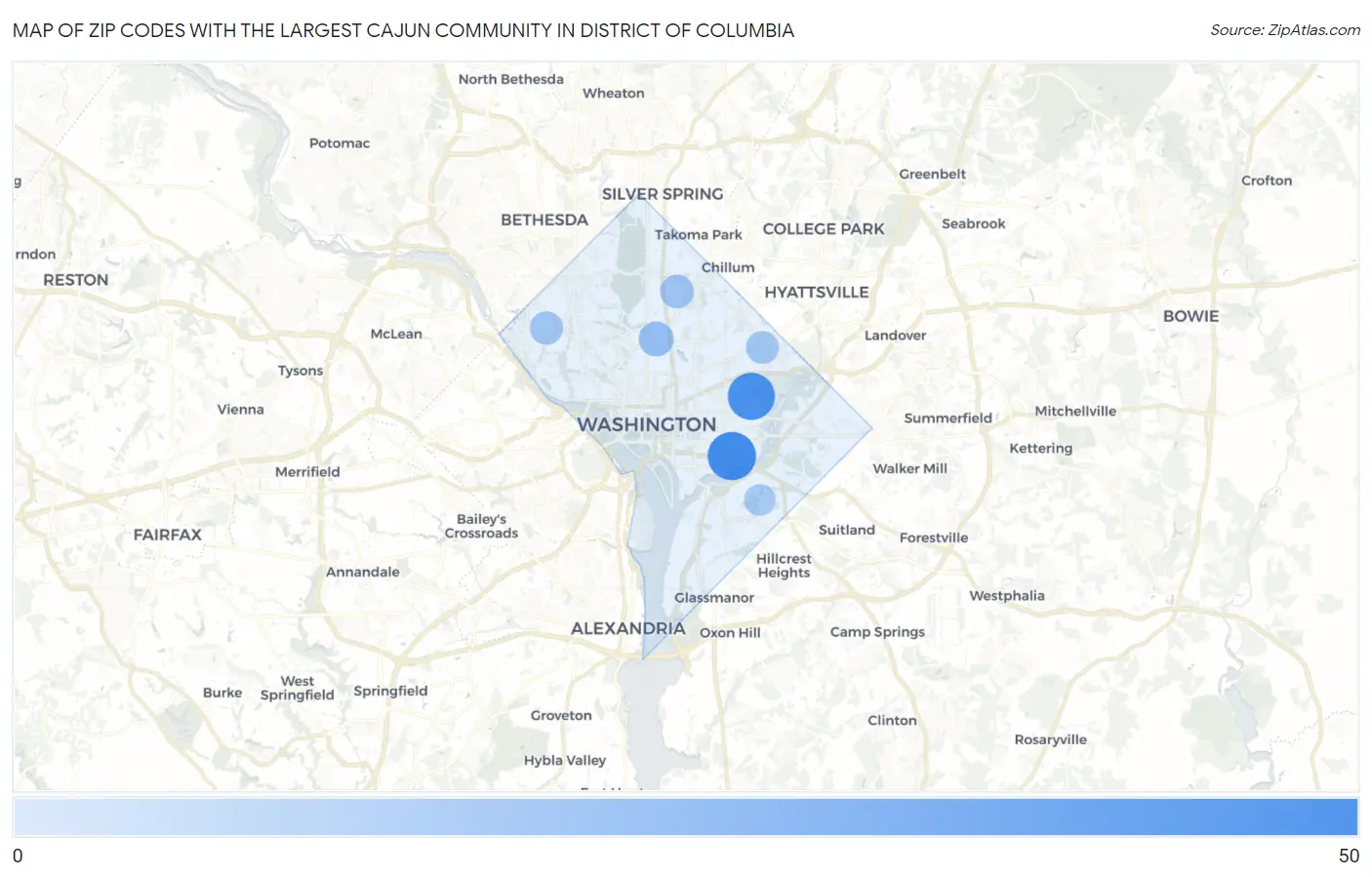 Zip Codes with the Largest Cajun Community in District Of Columbia Map