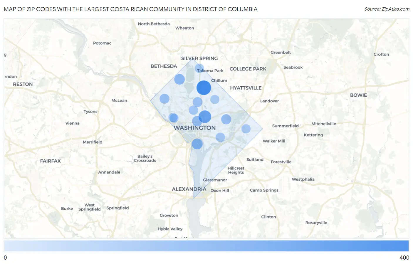 Zip Codes with the Largest Costa Rican Community in District Of Columbia Map