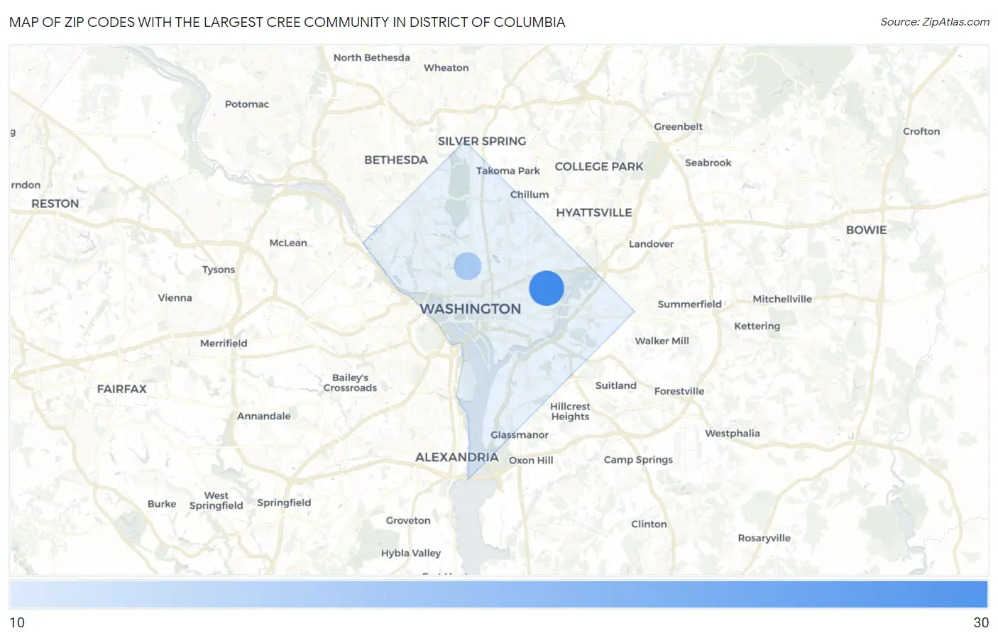 Zip Codes with the Largest Cree Community in District Of Columbia Map
