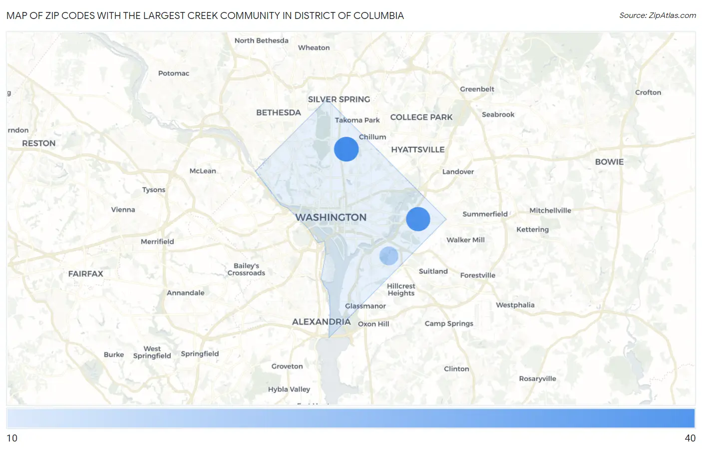 Zip Codes with the Largest Creek Community in District Of Columbia Map