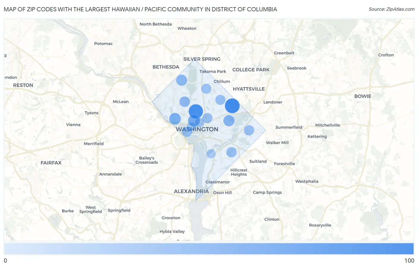 Zip Codes with the Largest Hawaiian / Pacific Community in District Of Columbia Map