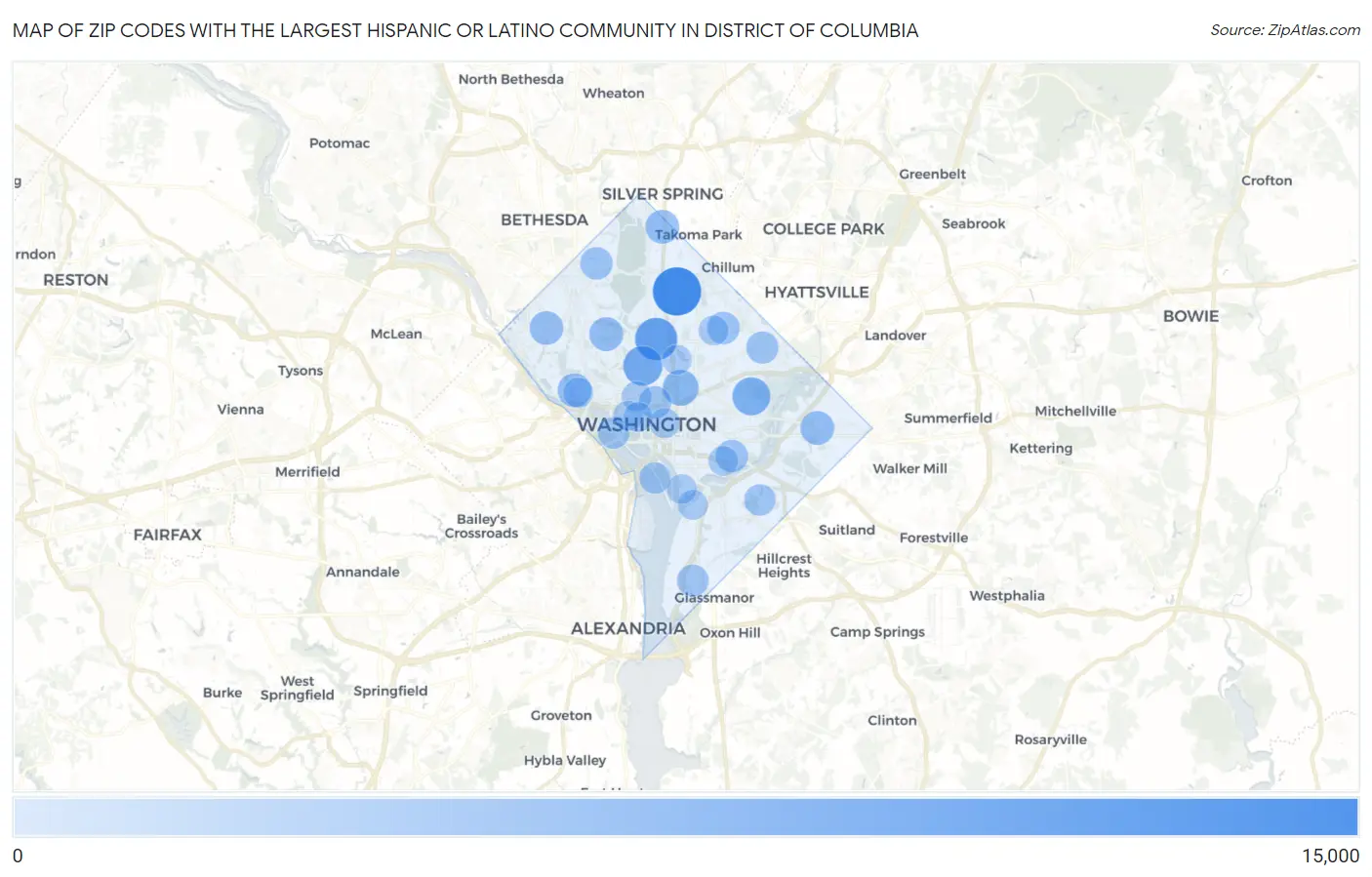 Zip Codes with the Largest Hispanic or Latino Community in District Of Columbia Map