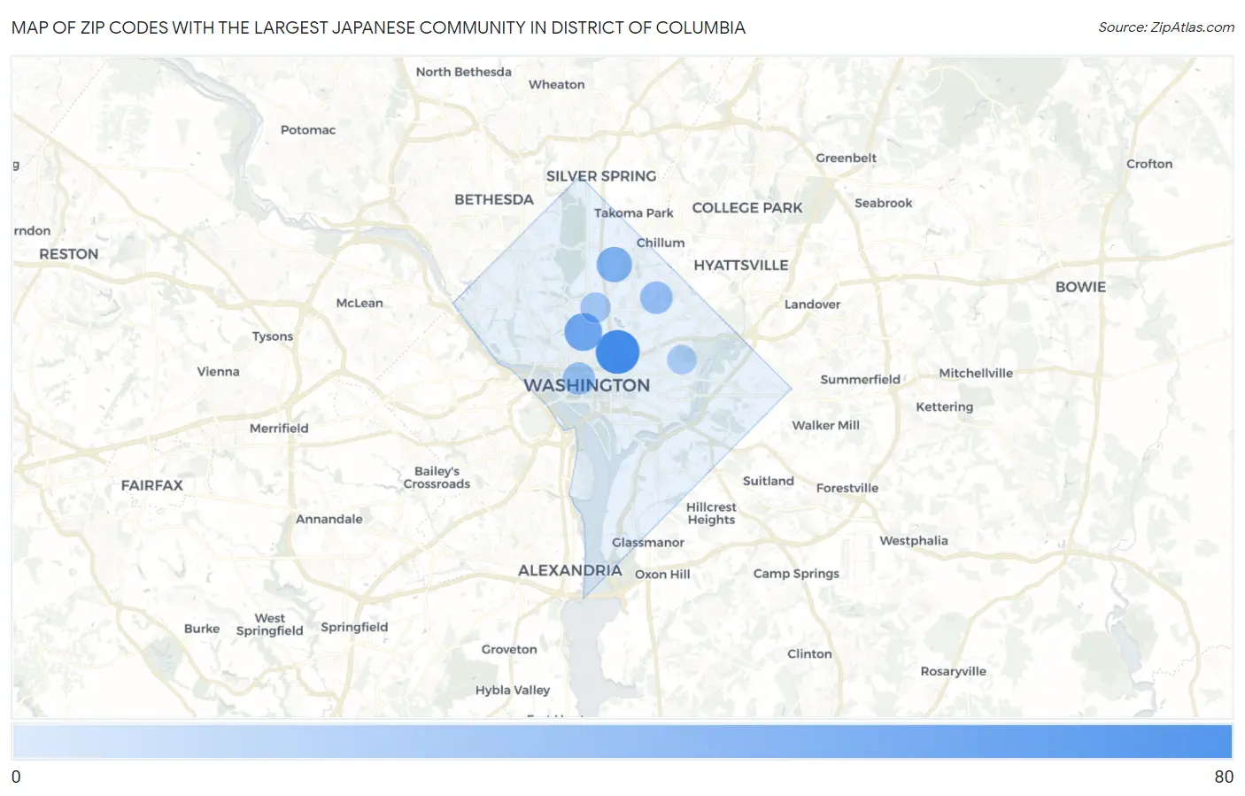 Zip Codes with the Largest Japanese Community in District Of Columbia Map