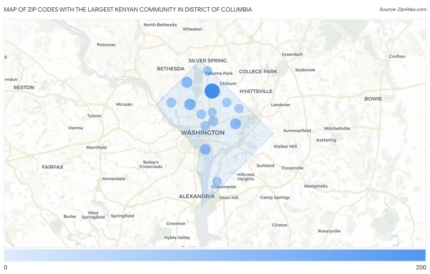 Zip Codes with the Largest Kenyan Community in District Of Columbia Map