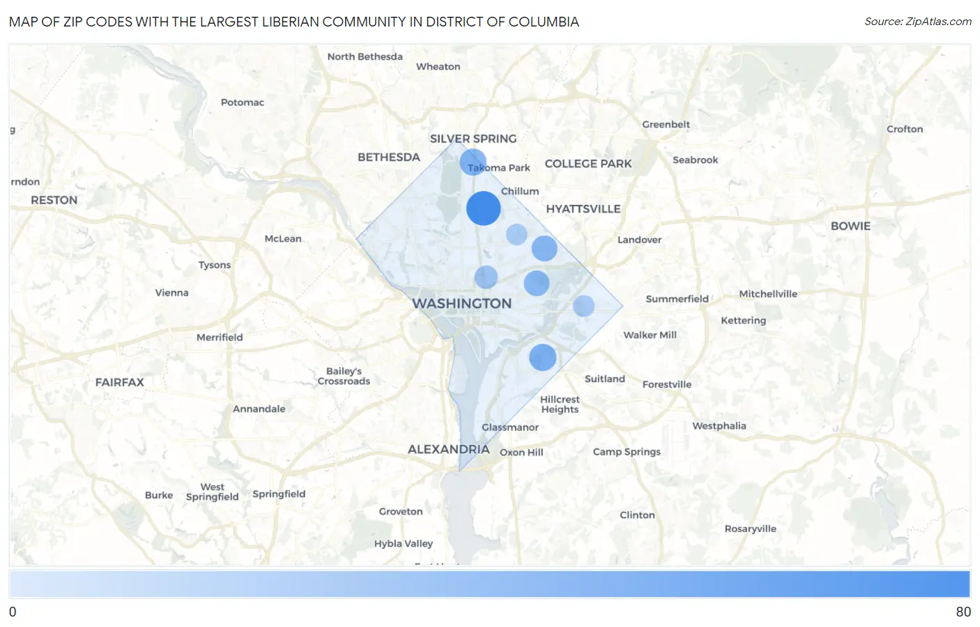 Zip Codes with the Largest Liberian Community in District Of Columbia Map