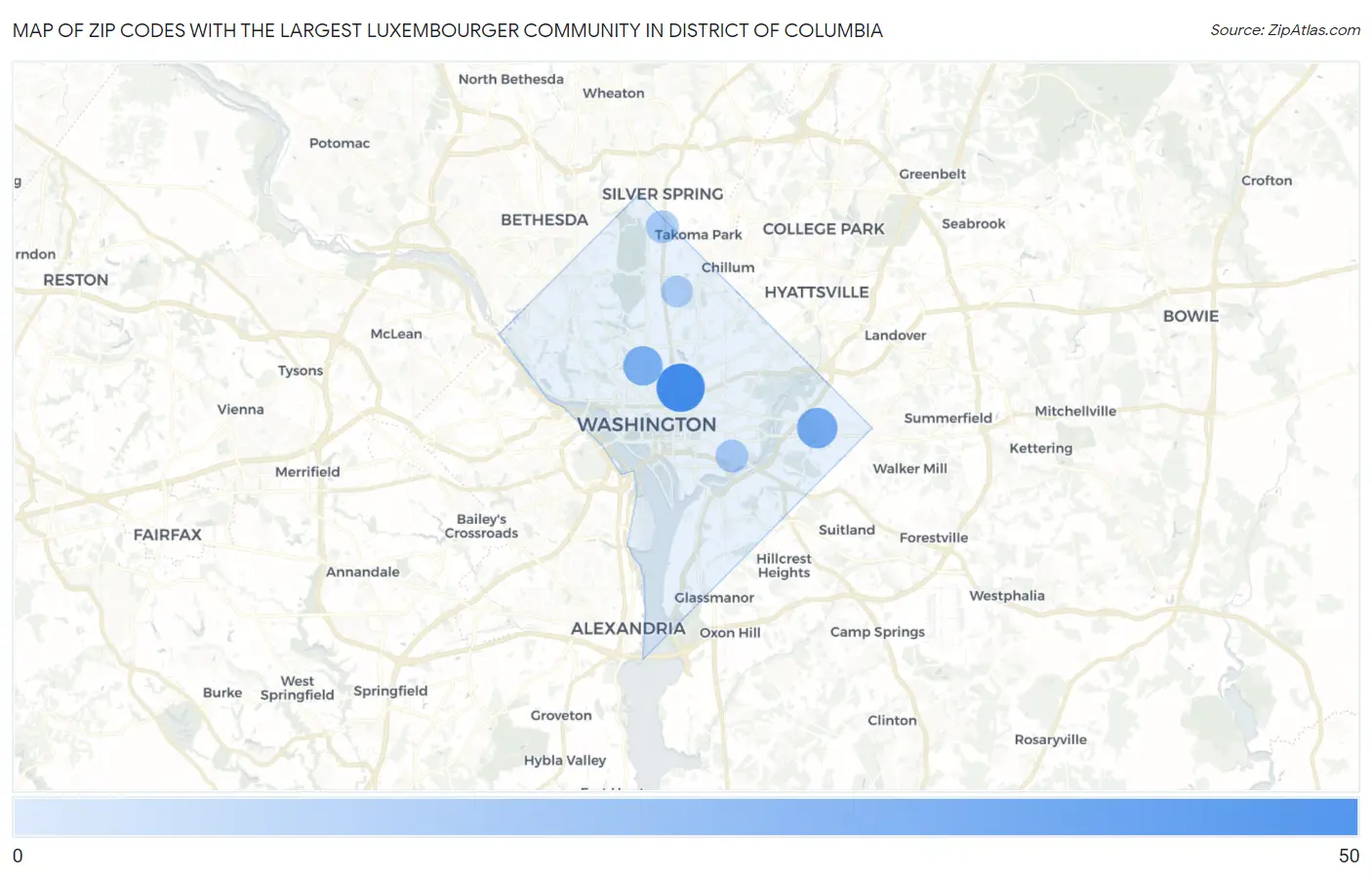 Zip Codes with the Largest Luxembourger Community in District Of Columbia Map