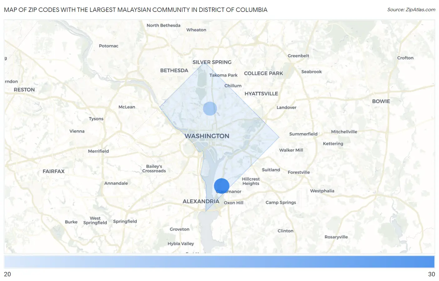 Zip Codes with the Largest Malaysian Community in District Of Columbia Map
