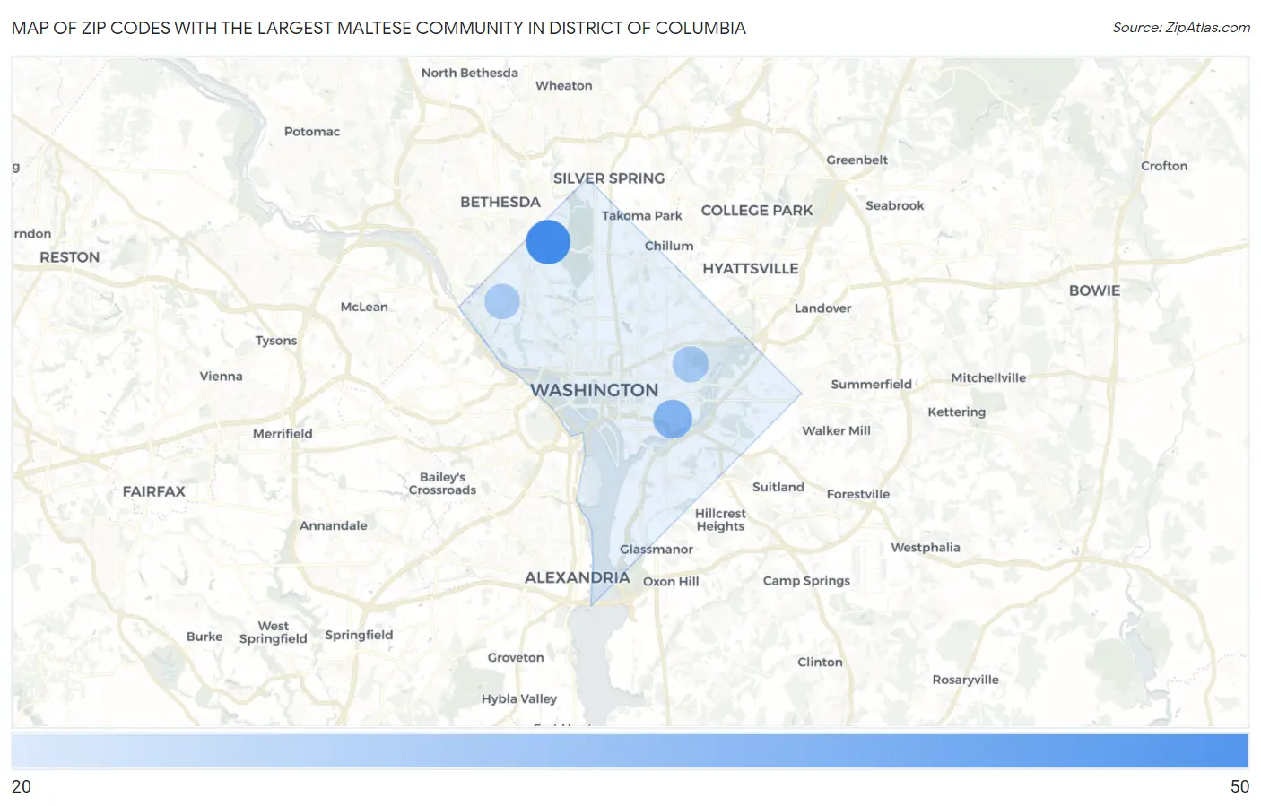 Zip Codes with the Largest Maltese Community in District Of Columbia Map