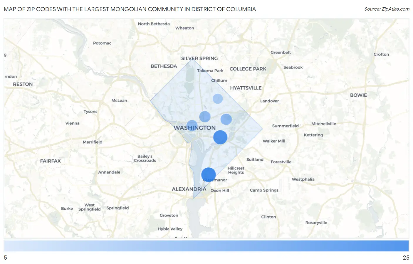 Zip Codes with the Largest Mongolian Community in District Of Columbia Map