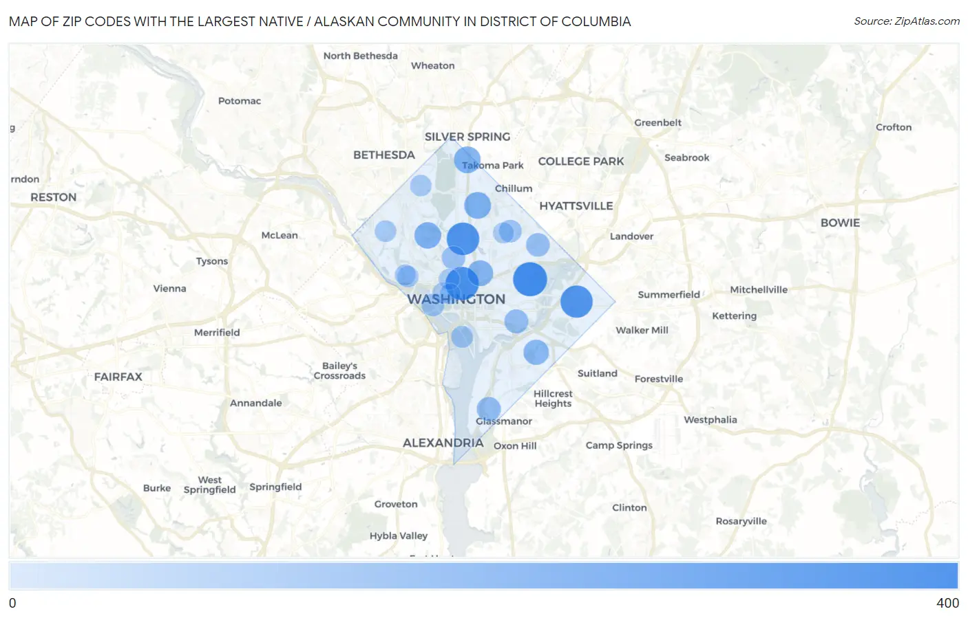 Zip Codes with the Largest Native / Alaskan Community in District Of Columbia Map