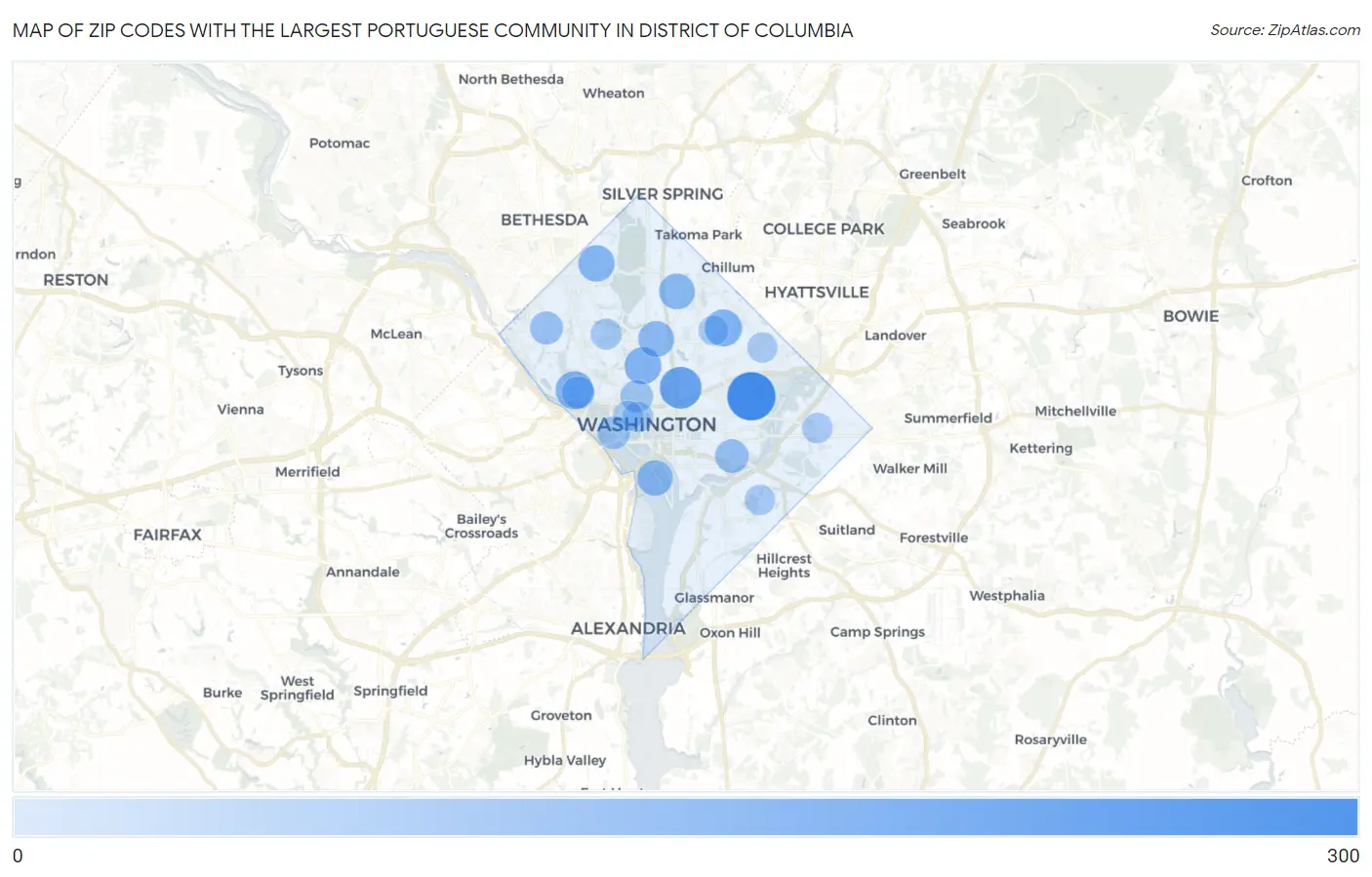 Zip Codes with the Largest Portuguese Community in District Of Columbia Map