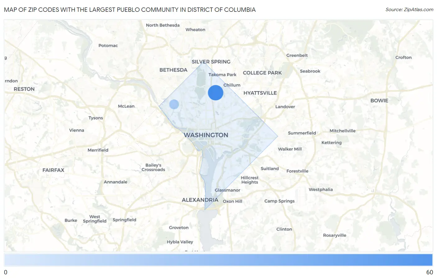 Zip Codes with the Largest Pueblo Community in District Of Columbia Map