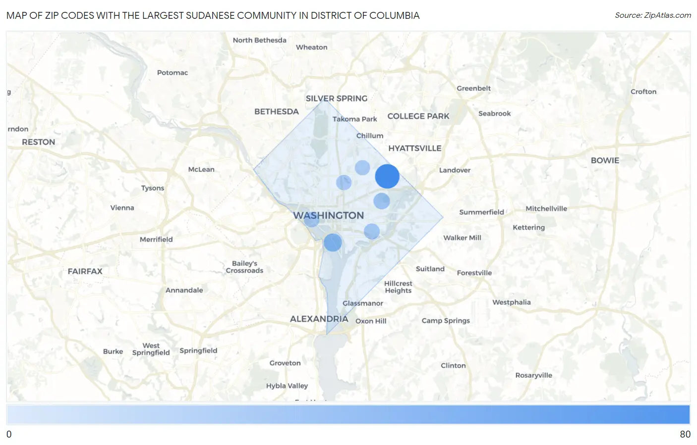 Zip Codes with the Largest Sudanese Community in District Of Columbia Map
