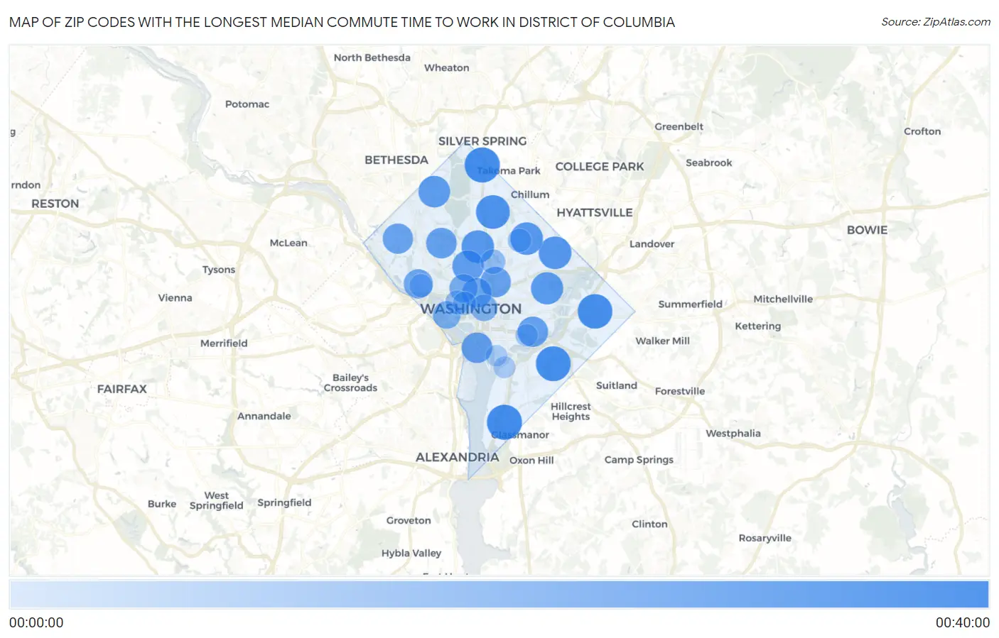 Zip Codes with the Longest Median Commute Time to Work in District Of Columbia Map