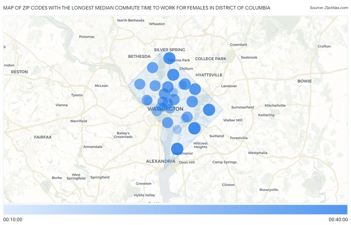 Zip Codes with the Longest Median Commute Time to Work for Females in District Of Columbia Map