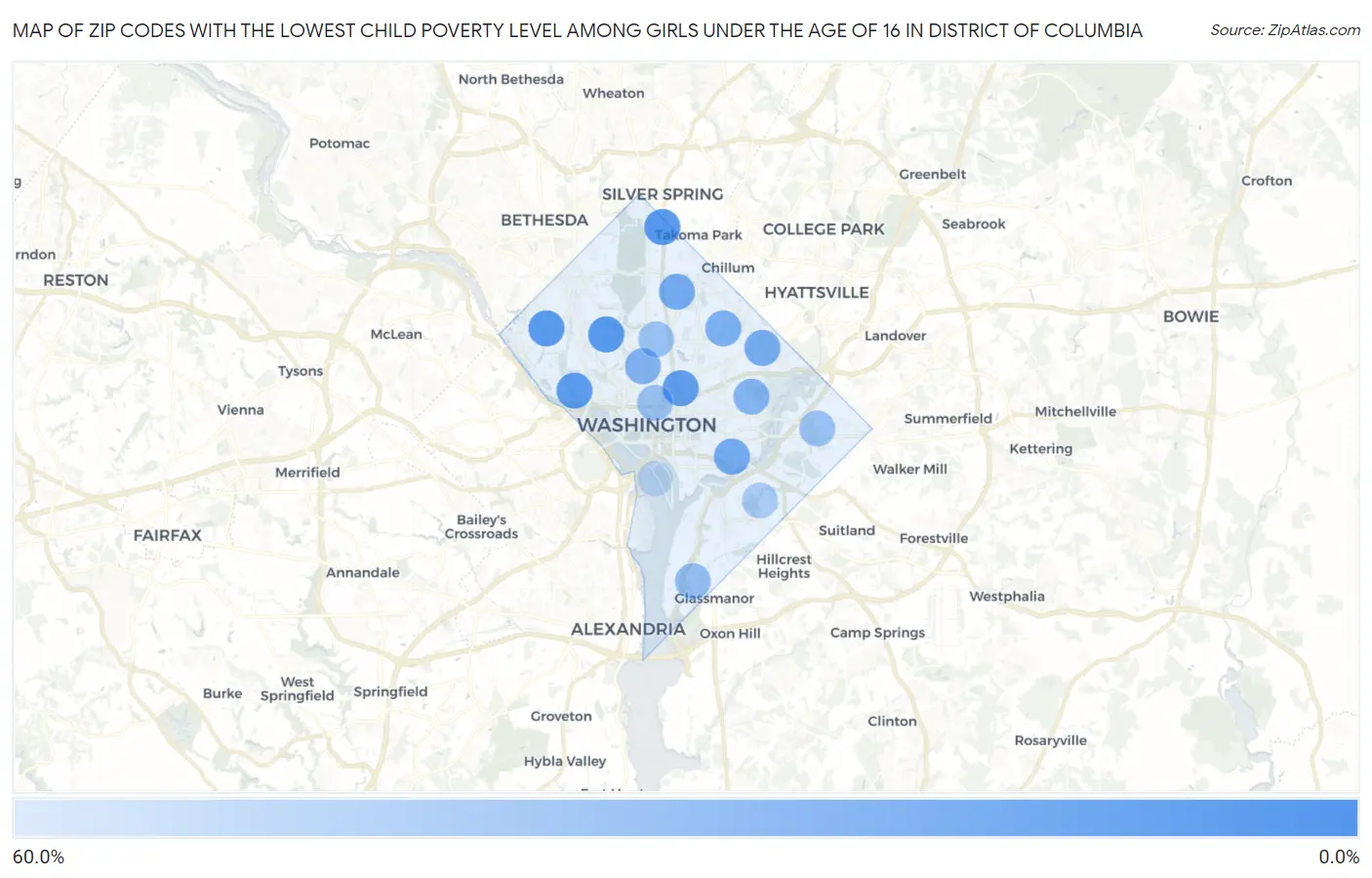 Zip Codes with the Lowest Child Poverty Level Among Girls Under the Age of 16 in District Of Columbia Map