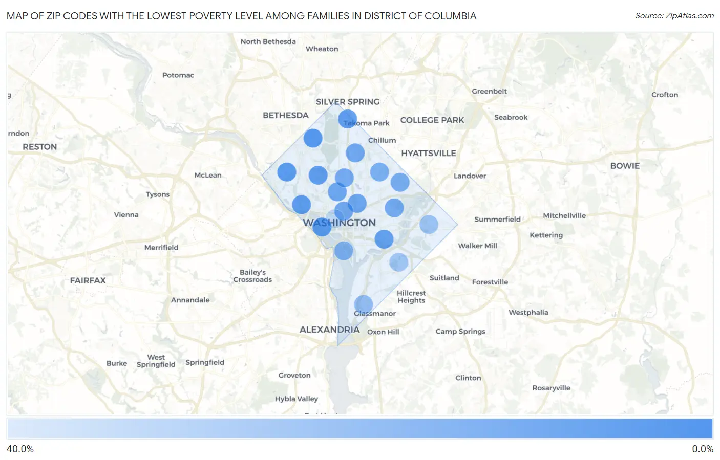 Zip Codes with the Lowest Poverty Level Among Families in District Of Columbia Map