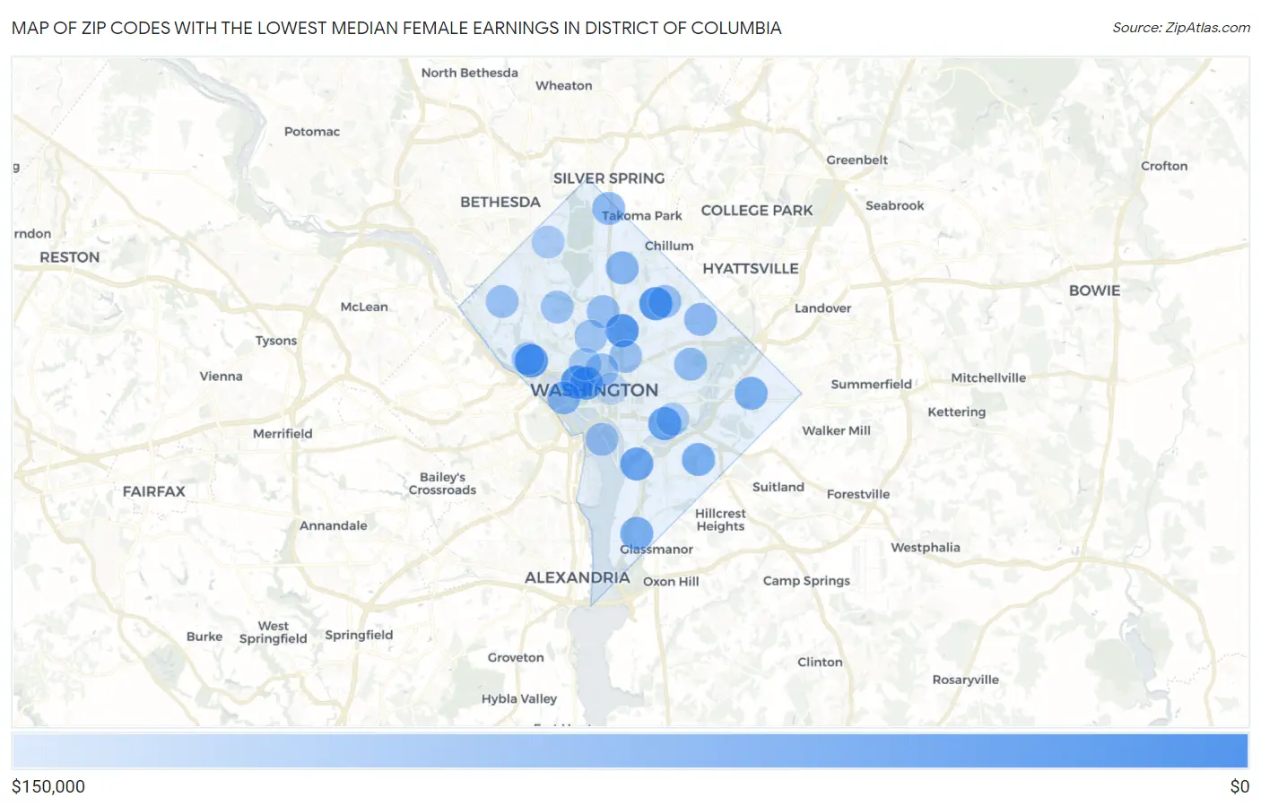 Zip Codes with the Lowest Median Female Earnings in District Of Columbia Map