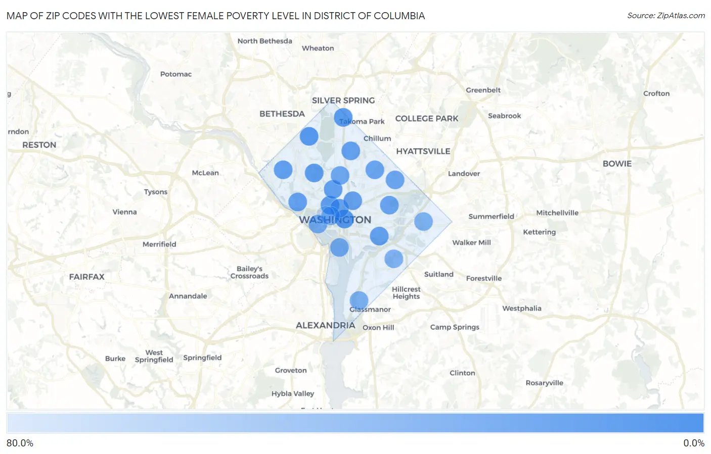 Zip Codes with the Lowest Female Poverty Level in District Of Columbia Map