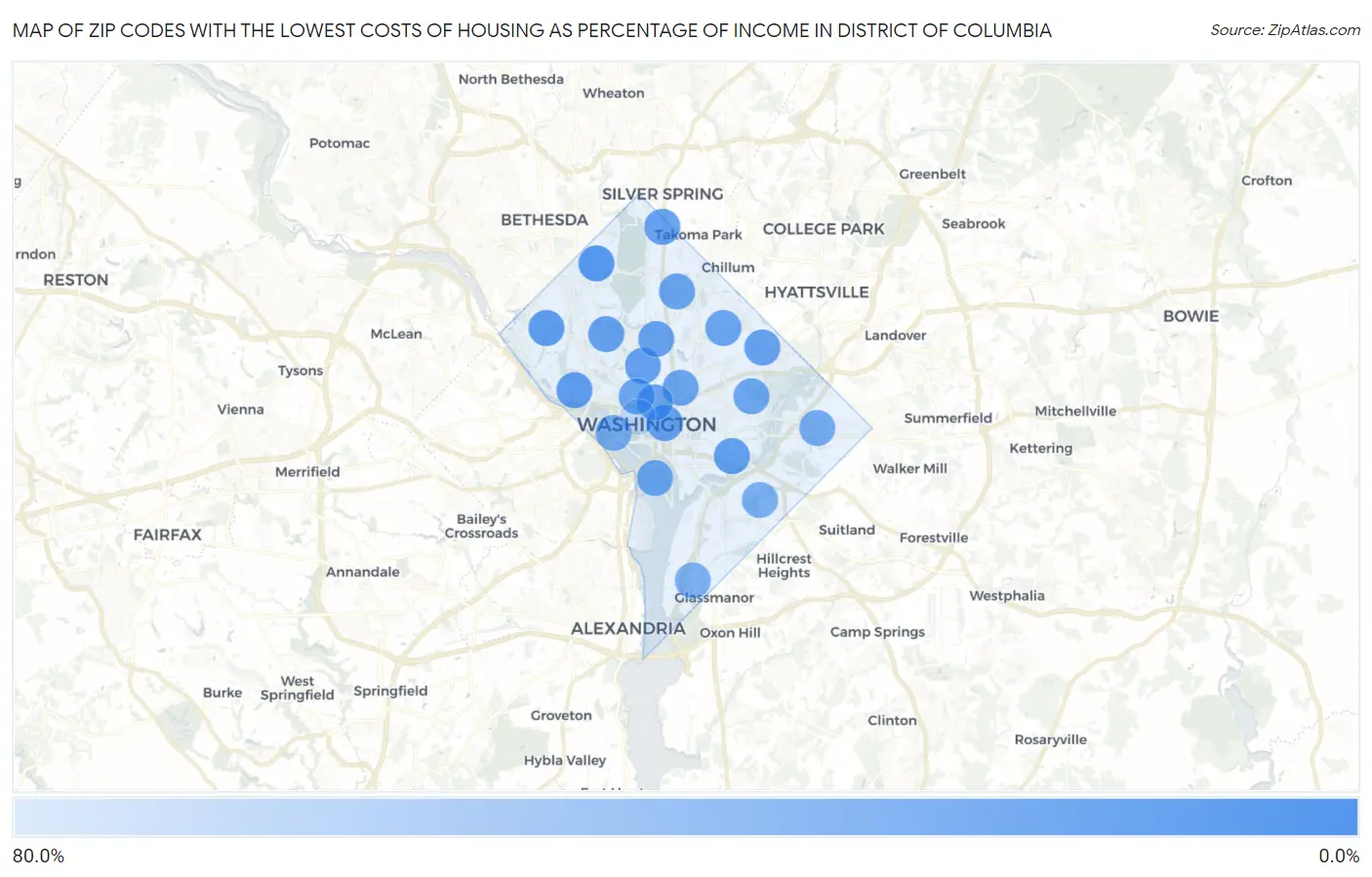 Zip Codes with the Lowest Costs of Housing as Percentage of Income in District Of Columbia Map