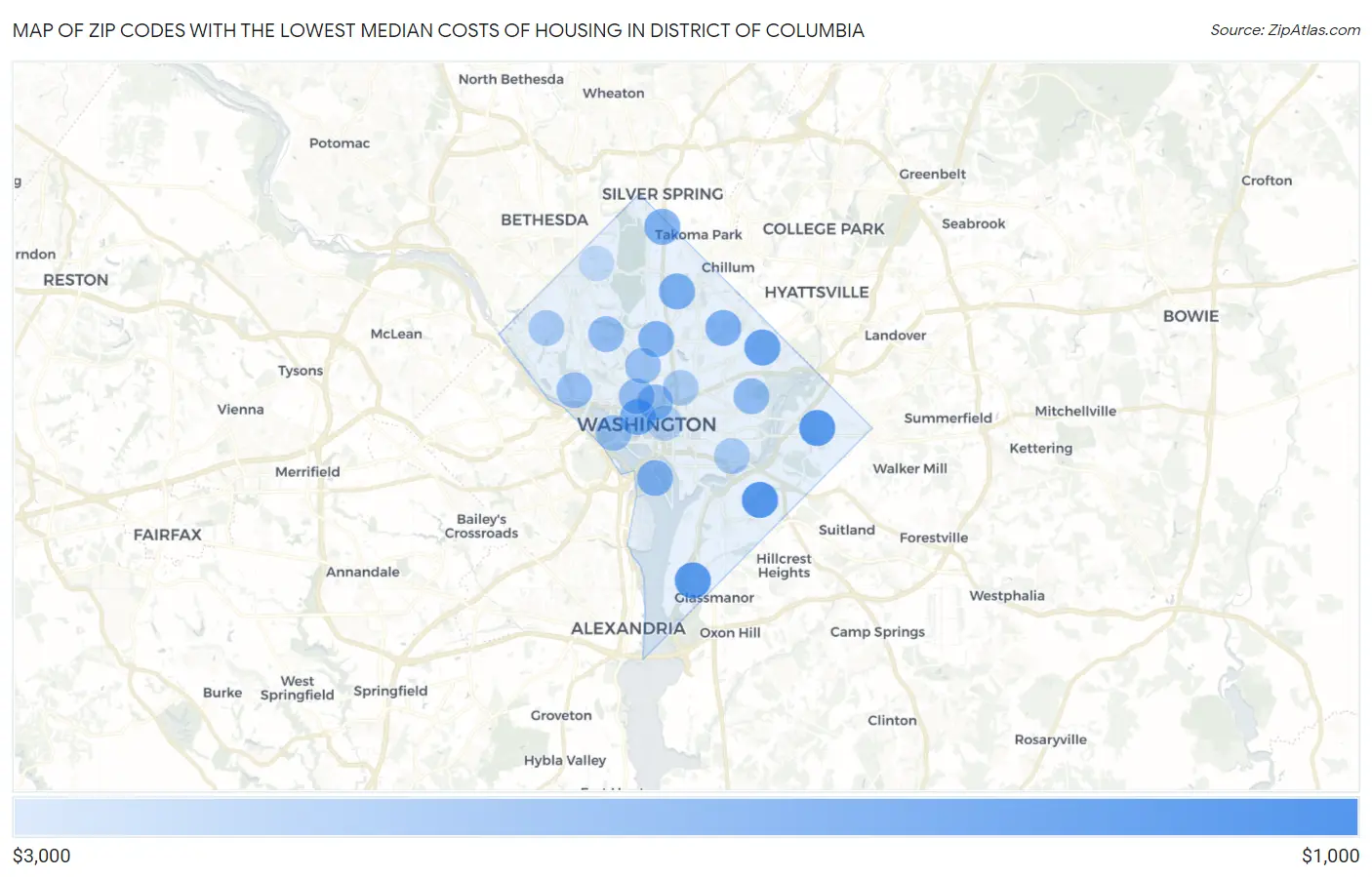 Zip Codes with the Lowest Median Costs of Housing in District Of Columbia Map
