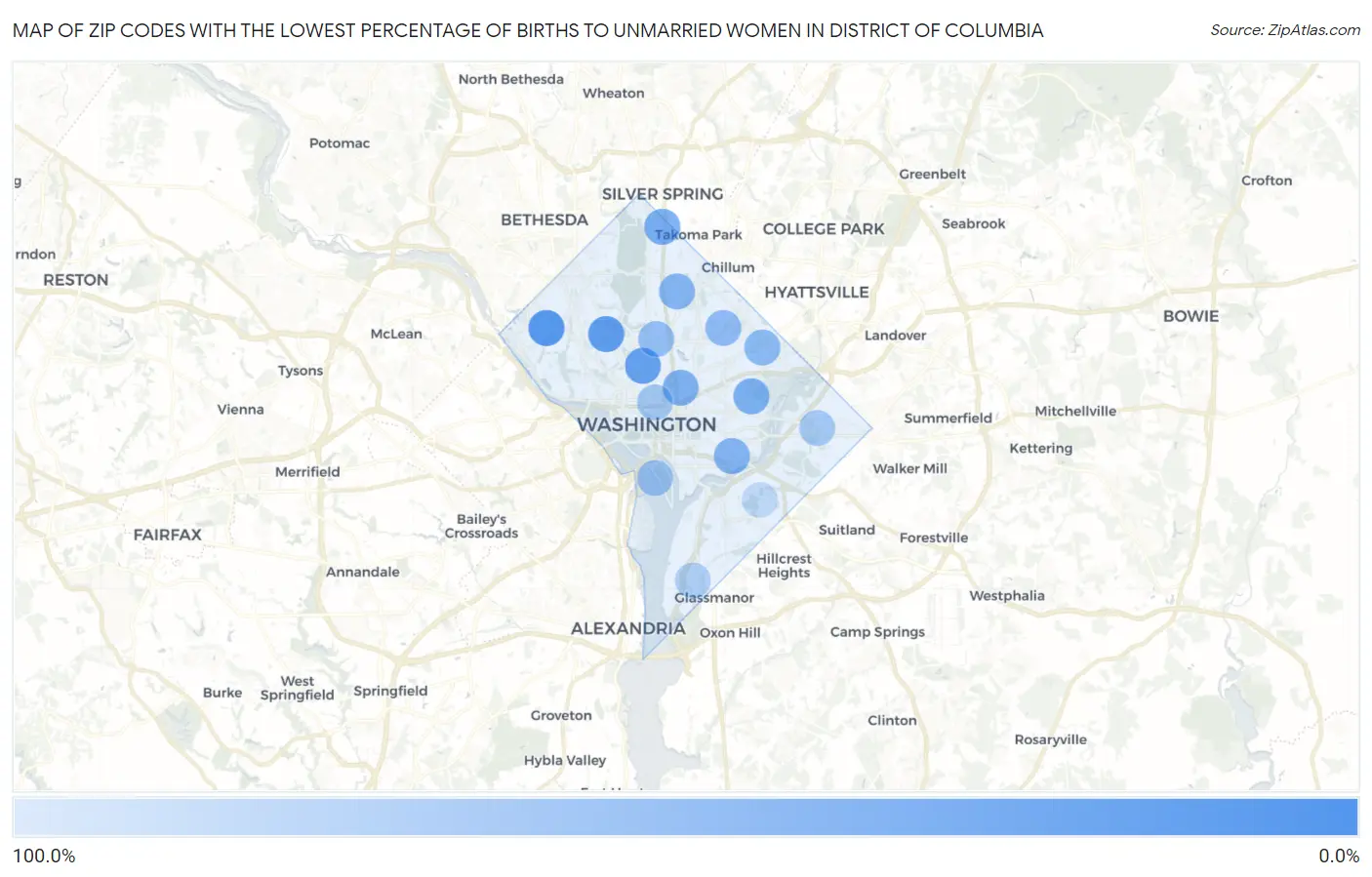 Zip Codes with the Lowest Percentage of Births to Unmarried Women in District Of Columbia Map