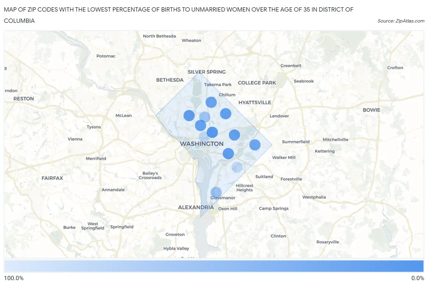 Zip Codes with the Lowest Percentage of Births to Unmarried Women over the Age of 35 in District Of Columbia Map