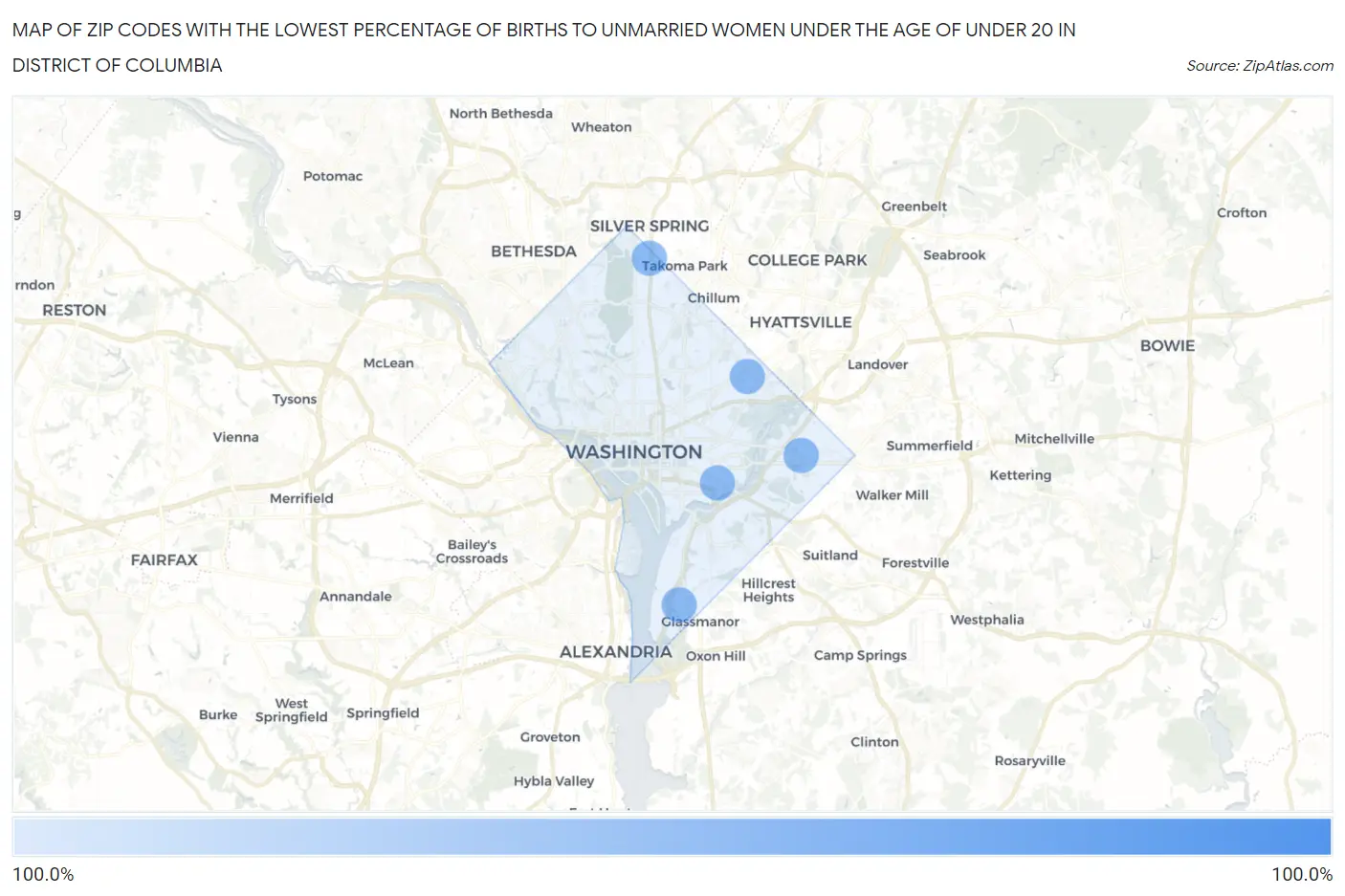 Zip Codes with the Lowest Percentage of Births to Unmarried Women under the Age of under 20 in District Of Columbia Map