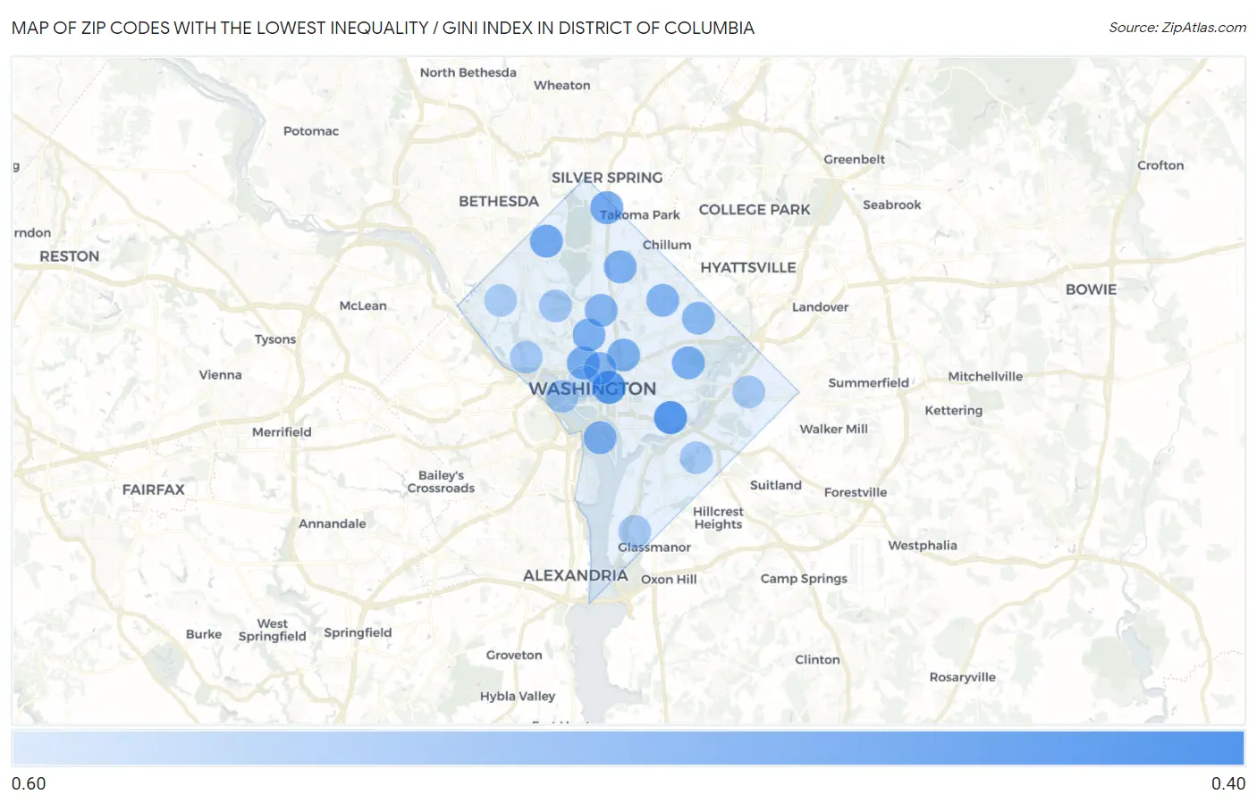 Zip Codes with the Lowest Inequality / Gini Index in District Of Columbia Map