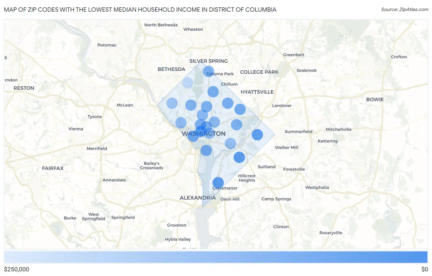 Zip Codes with the Lowest Median Household Income in District Of Columbia Map